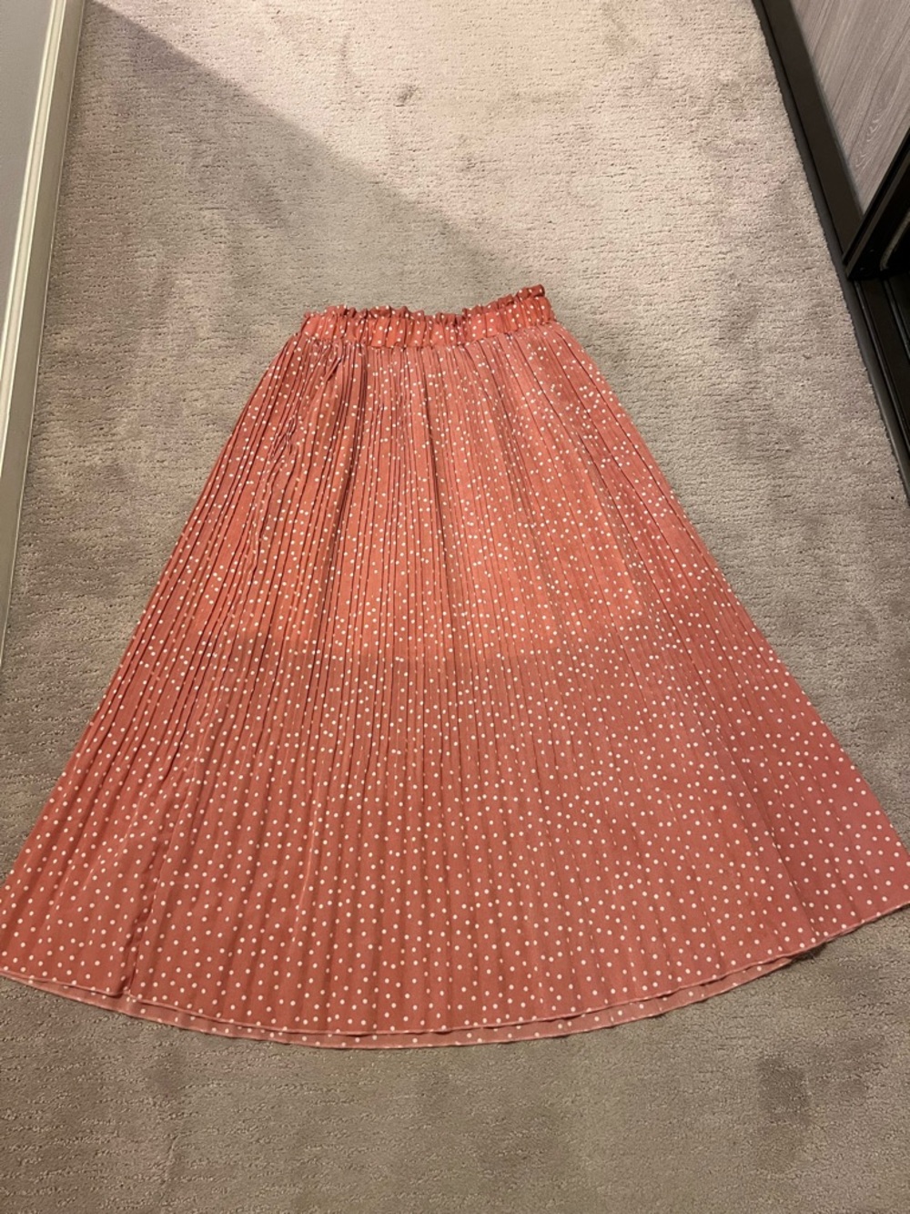Exlura-Pleated Polka Dot Midi Skirt - Coral